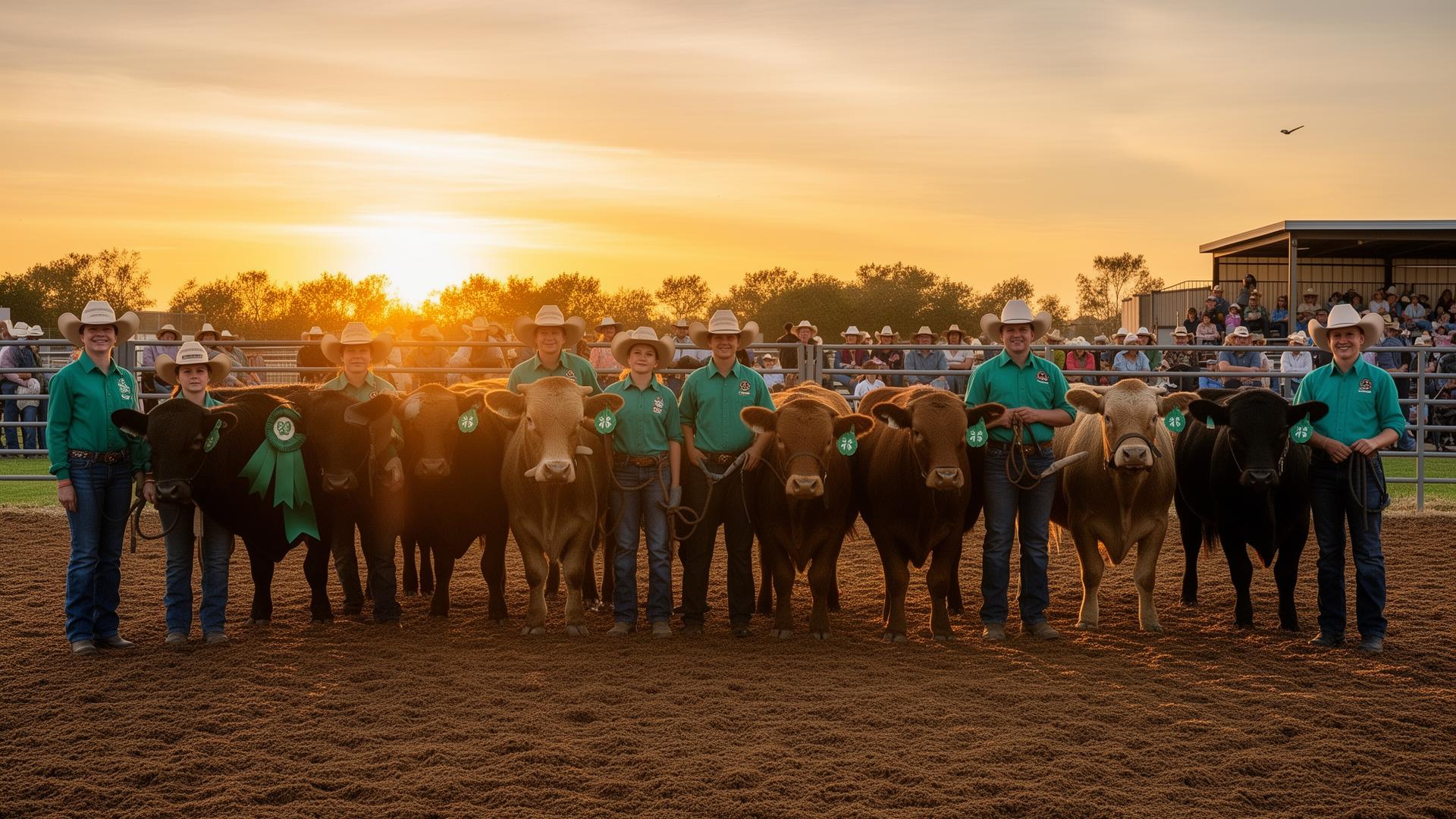 4-H exhibitors with show cattle at golden hour